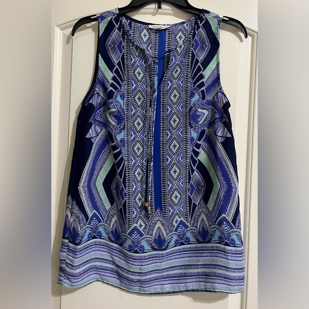 Rose & Rhyme Women’s XS Sleeveless Blouse Multicolored Tie V-Neck Boho